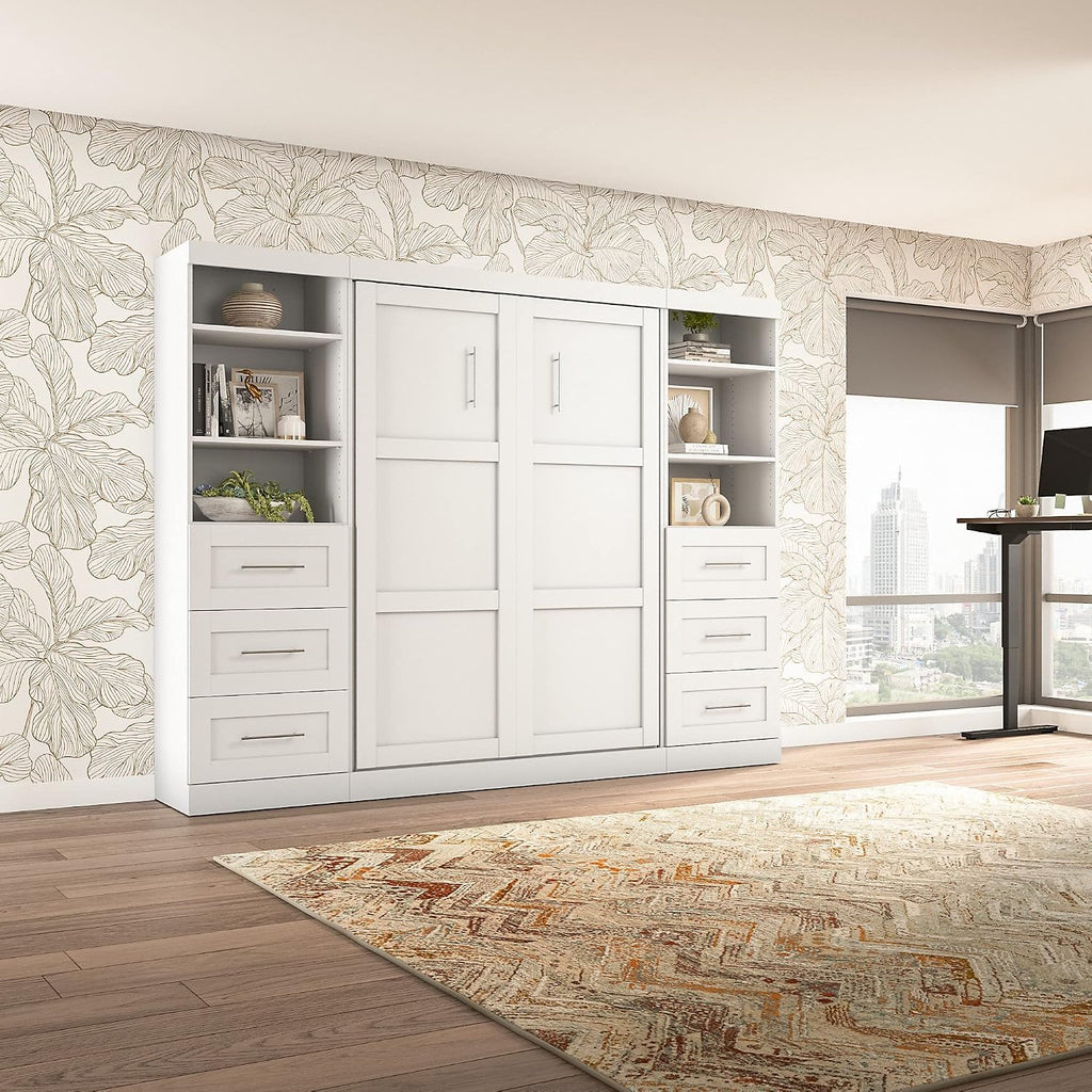 Bestar Pur Full Murphy Bed and 2 Shelving Units with Drawers, 109-inch Space-Saving Sleeping Arrangement in White