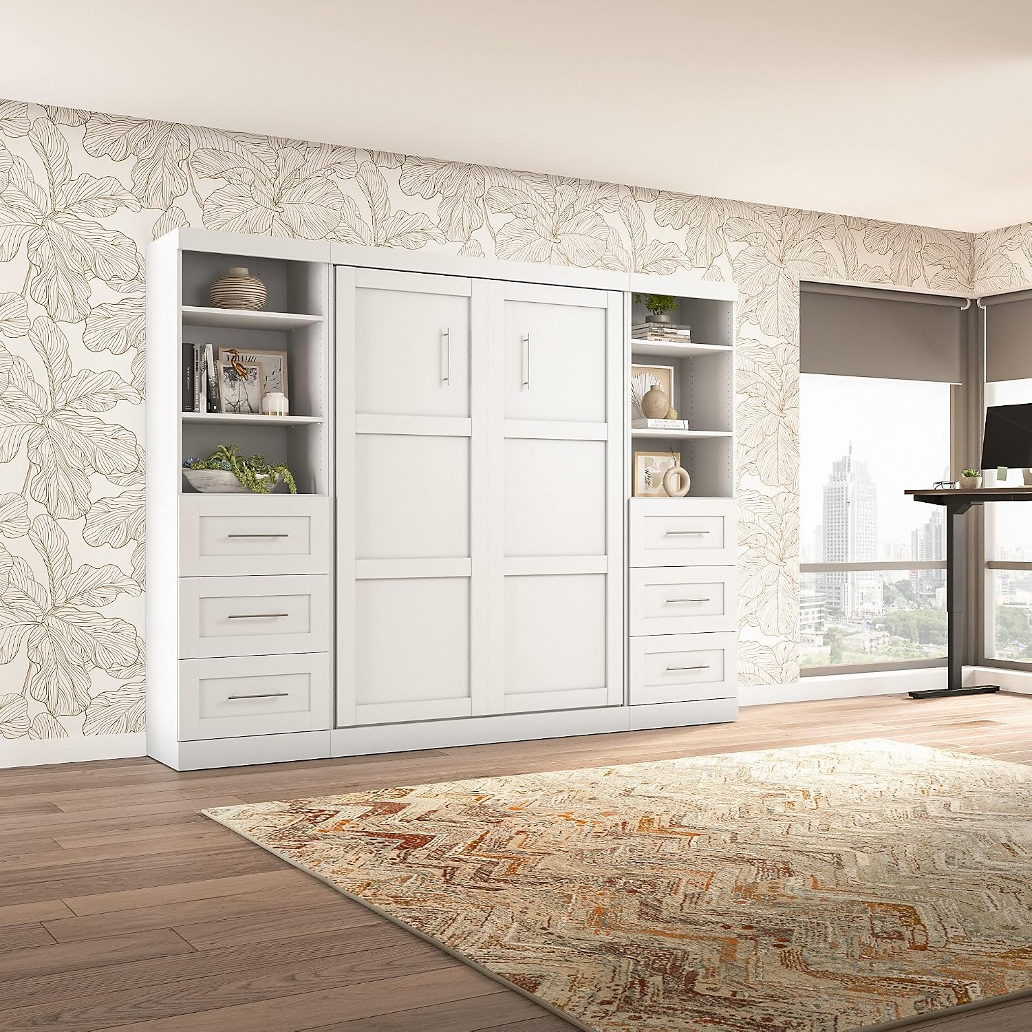 Bestar Pur Full Murphy Bed and 2 Shelving Units with Drawers, 109-inch Space-Saving Sleeping Arrangement in White