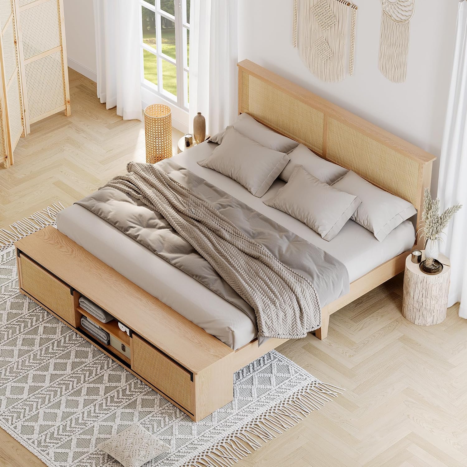 GarveeHome Natural Rattan King Size Bed Frame with Sliding Barn Door Storage Cabinets and Headboard, Boho Farmhouse Wood Platform Bed with Solid Wood Legs Support, No Box Spring Needed