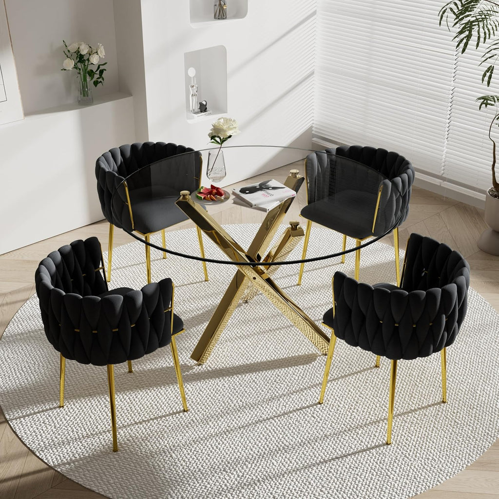 Modern Luxury Round Dining Room Table Set for 4, 47'' Clear Glass Top Dinner Set, 5 Piece Minimalist Circle Kitchen Table with Black Woven Chairs Set, Large Circular Dining Rooom Set (Gold)