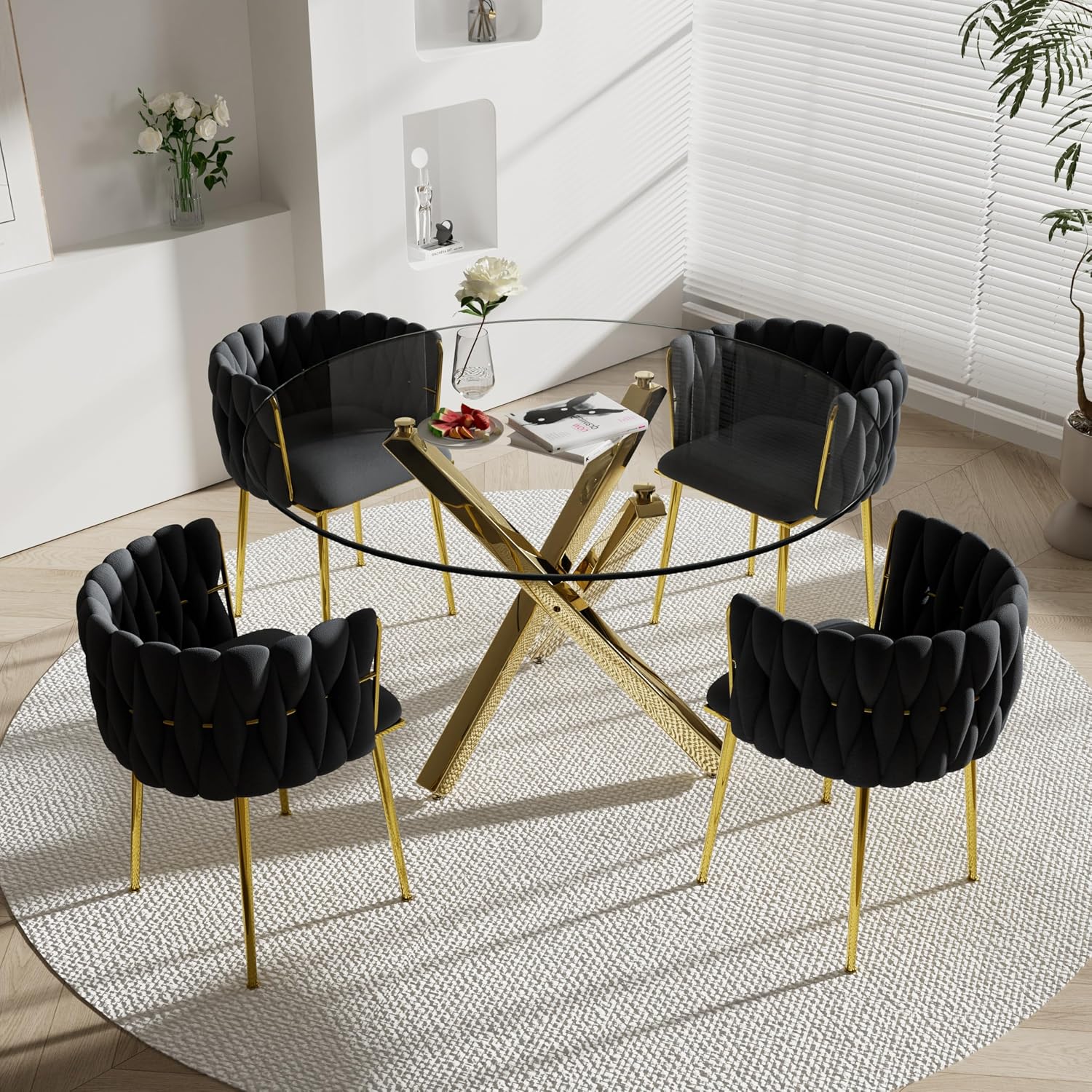 Modern Luxury Round Dining Room Table Set for 4, 47'' Clear Glass Top Dinner Set, 5 Piece Minimalist Circle Kitchen Table with Black Woven Chairs Set, Large Circular Dining Rooom Set (Gold)