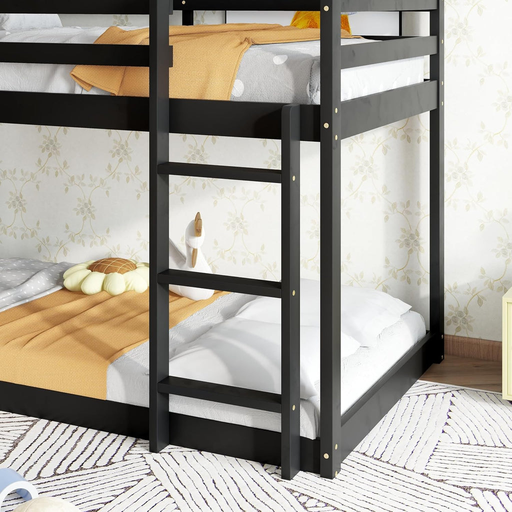 Bellemave Twin Over Twin Bunk Bed, Wooden House Bunk Bed with Ladder and Guardrail for Bedroom, Dormitory, Floor Bunk Beds with Headboard and Footboard for Kids, Teens, No Box Spring Needed, Black