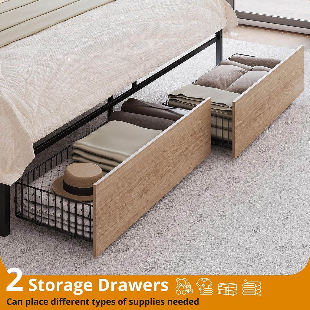 LIKIMIO King Size Bed Frame, Storage Headboard with Charging Station, Platform Bed with Drawers, No Box Spring Needed, Easy Assembly, Wood and Cream