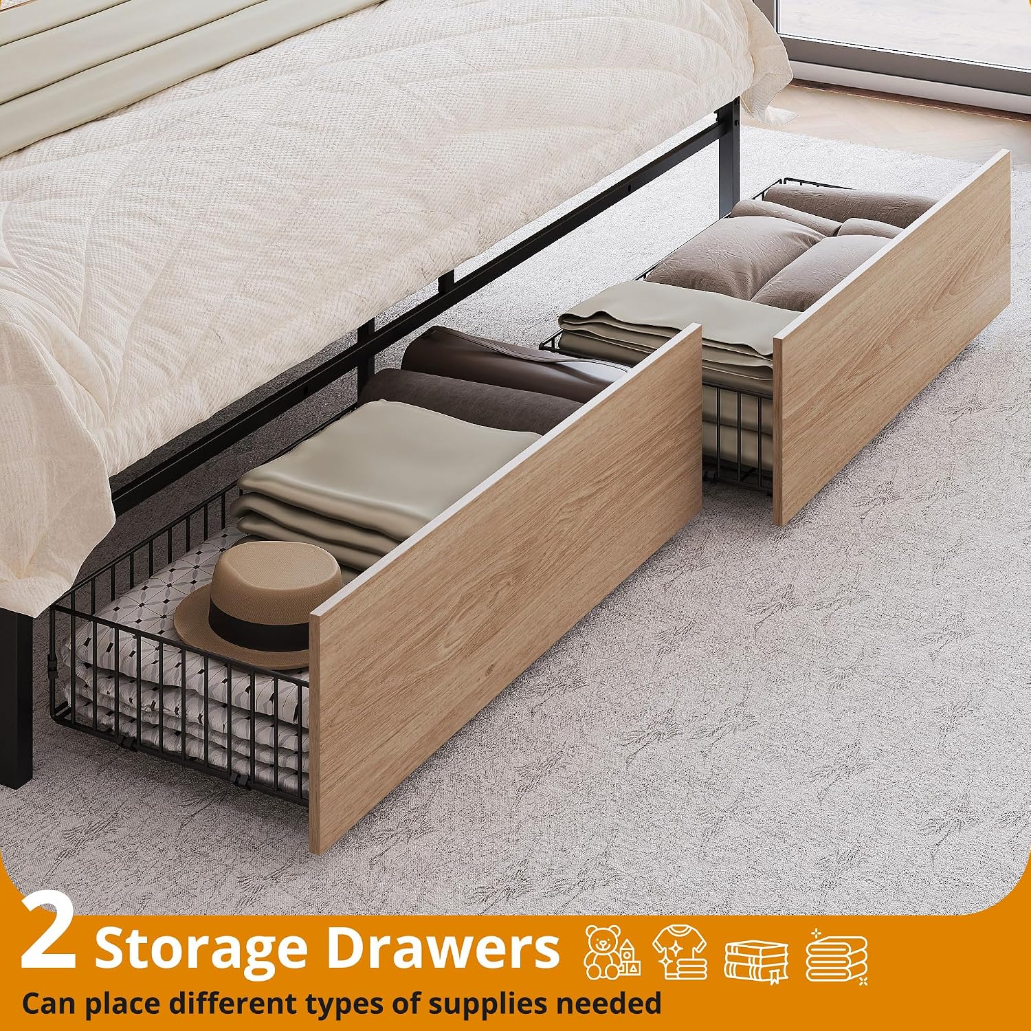 LIKIMIO King Size Bed Frame, Storage Headboard with Charging Station, Platform Bed with Drawers, No Box Spring Needed, Easy Assembly, Wood and Cream
