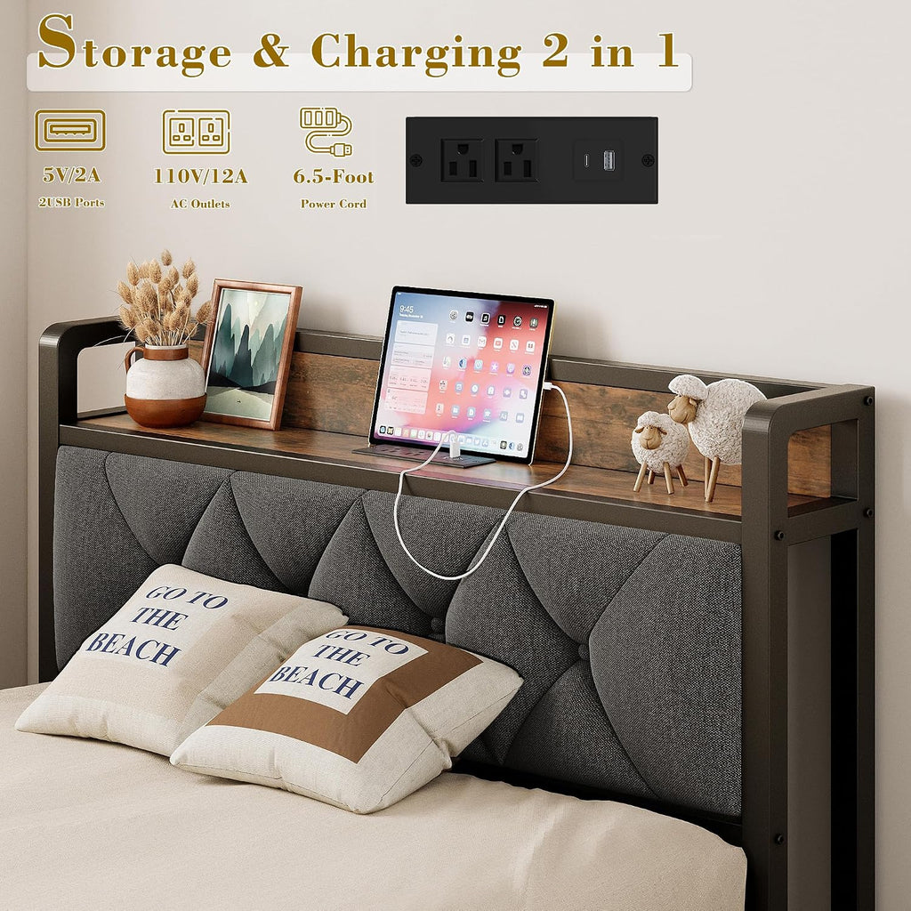 ANCTOR Twin XL Bed Frames, Storage Headboard with Outlets, Easy to Install, Sturdy and Stable, No Noise, No Box Springs Needed - Perfect for a Good Night's Sleep