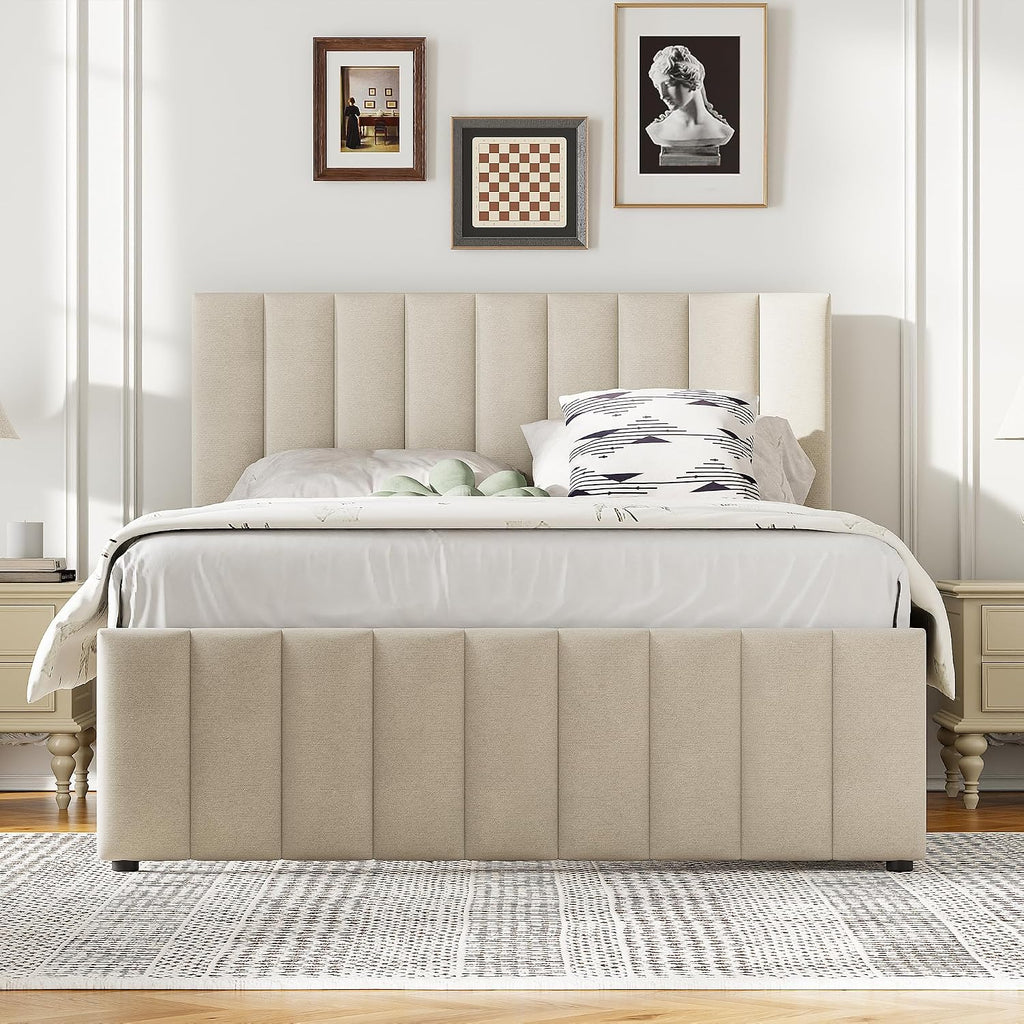 Merax Full Size Upholstered Platform Bed with Trundle and 3 Storage Drawers, Full Bed Frame & Tall Stripe Headboard for Bedroom, Solid Wood Slats Support, No Box Spring Needed, Easy Assembly, Beige