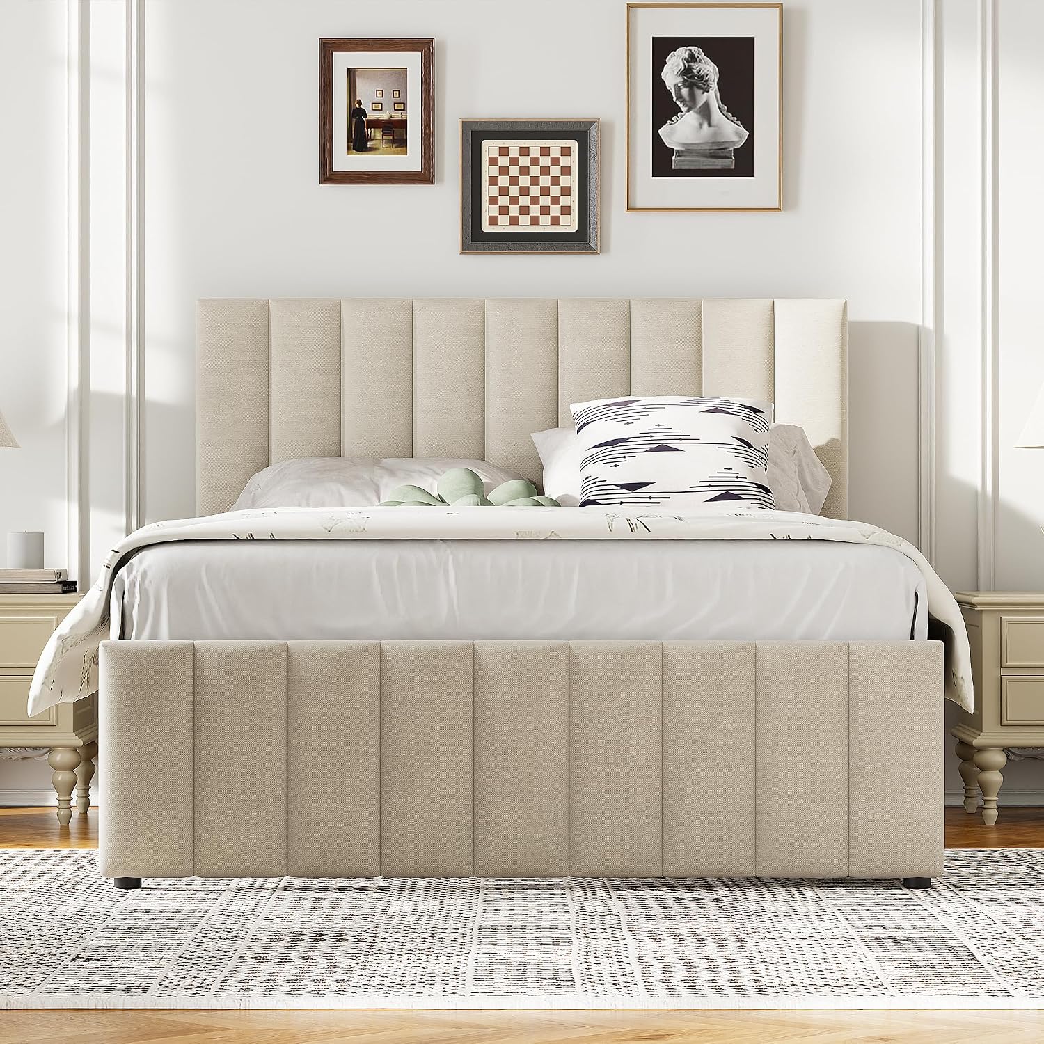 Merax Full Size Upholstered Platform Bed with Trundle and 3 Storage Drawers, Full Bed Frame & Tall Stripe Headboard for Bedroom, Solid Wood Slats Support, No Box Spring Needed, Easy Assembly, Beige