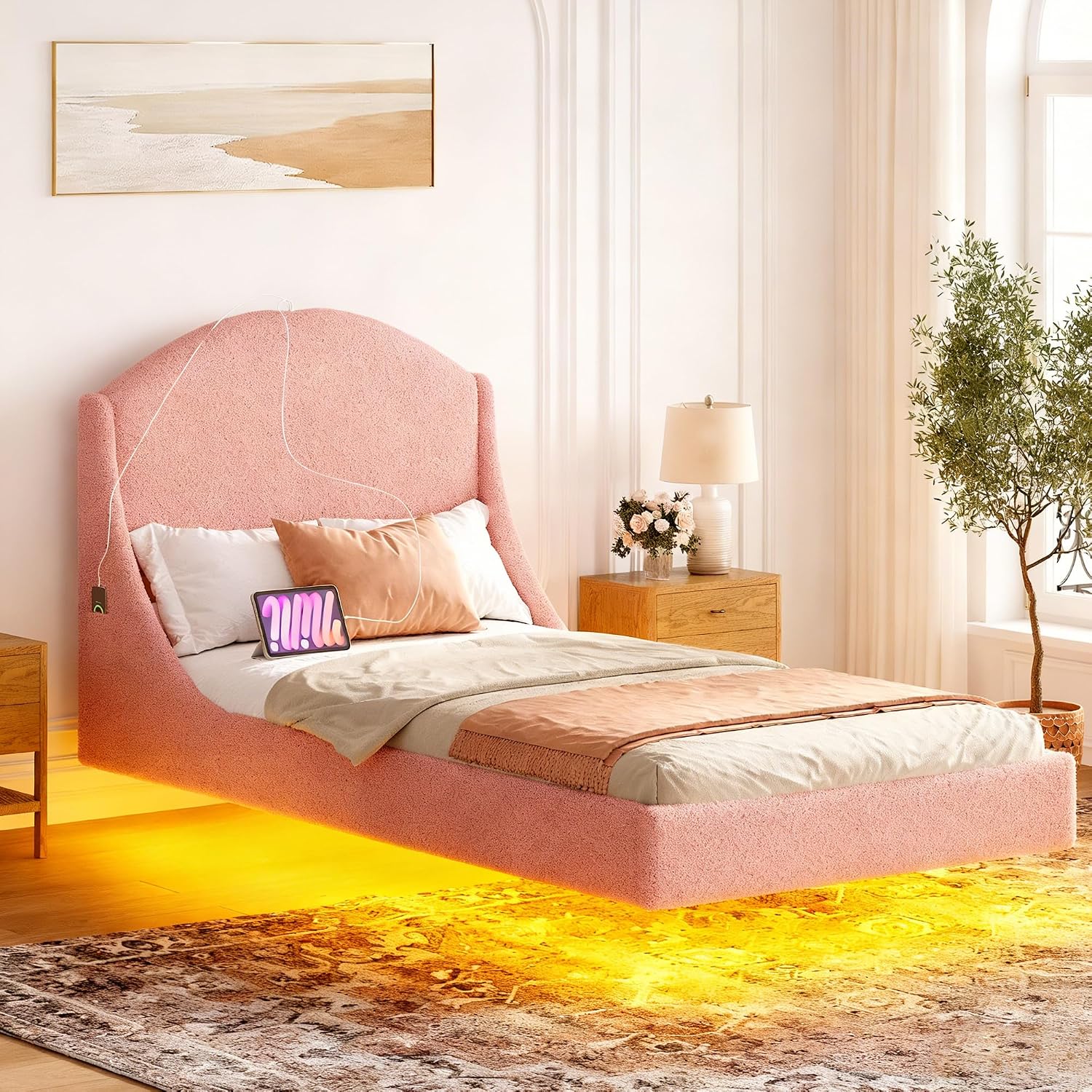 Ailisite Twin Size Floating Bed Frame with Upholstered Headboard and Charging Station, Boucle Platform Bed Frame Queen Size with RGB Led Lights, Strong Wood Slat Support, No Box Spring Needed,Pink