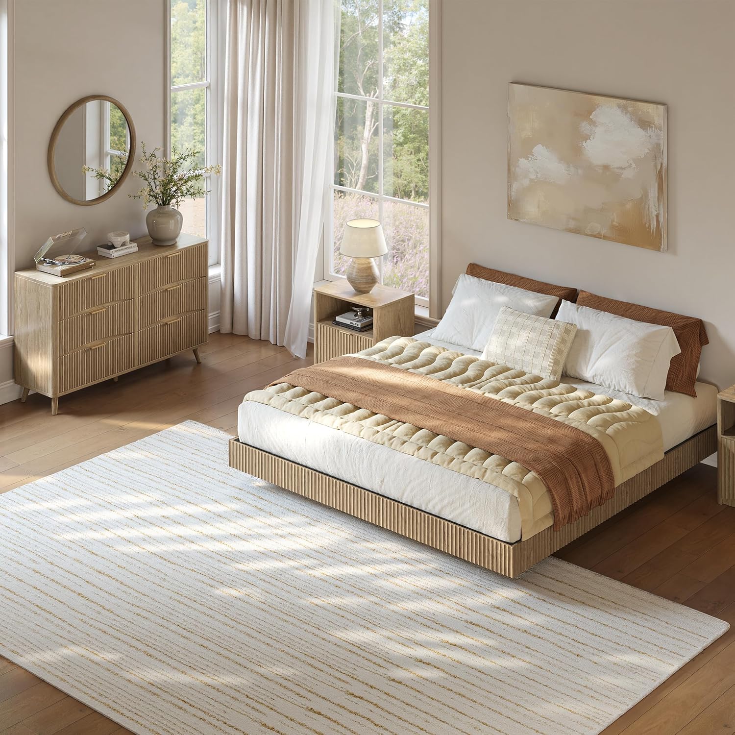 Evermagin Bedroom Furniture Set-Bed with 2 Nightstands, Mid Century Modern Bedroom Set, Floating Bed Frame Led Lights, Fluted Floating Room Furnitures, 3-Piece Room Set (Nbh, King)