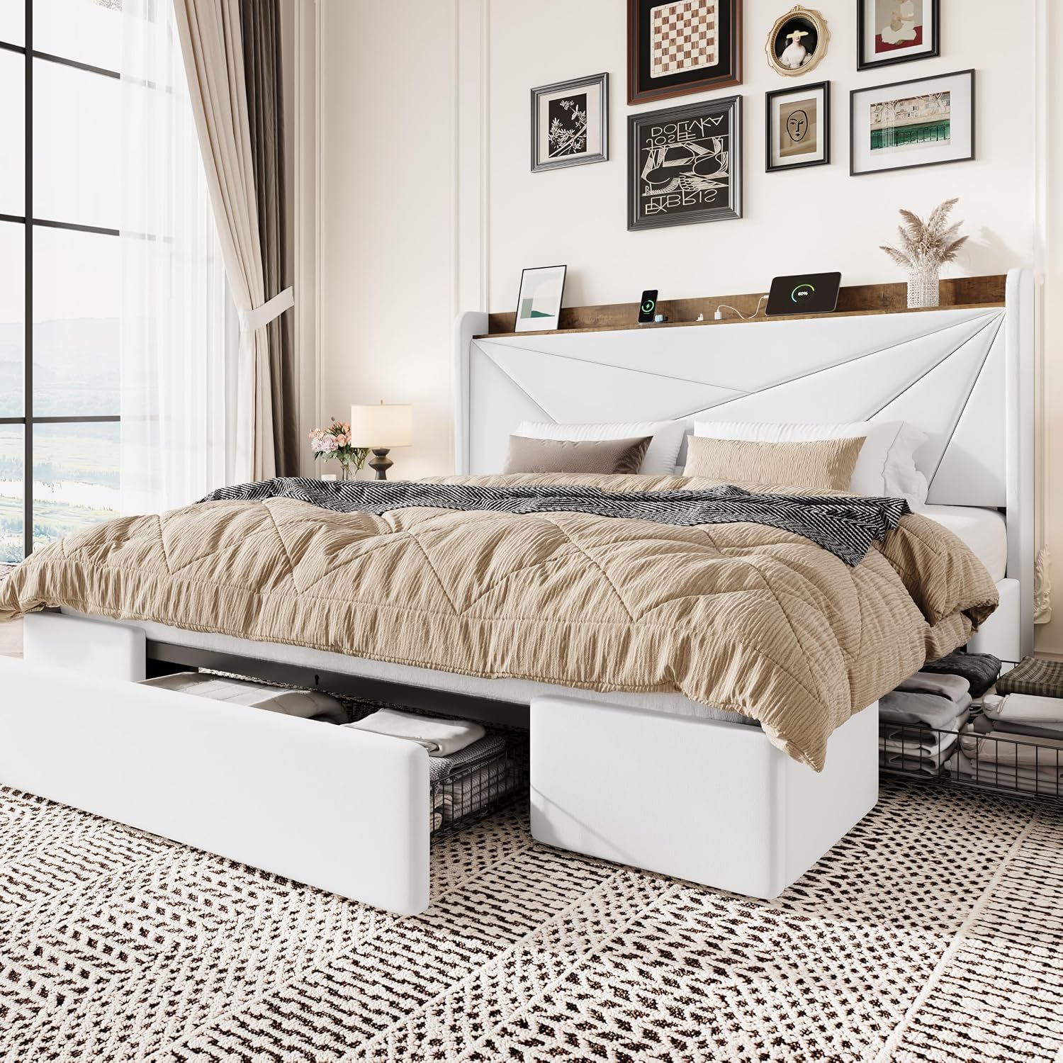 SHA CERLIN King Size Bed Frame with 3 Drawers, USB & Type-C Charging Ports, Velvet Upholstered Platform Bed with Modern Geometric Wingback Storage Headboard, No Box Spring Needed, Easy Assembly, White