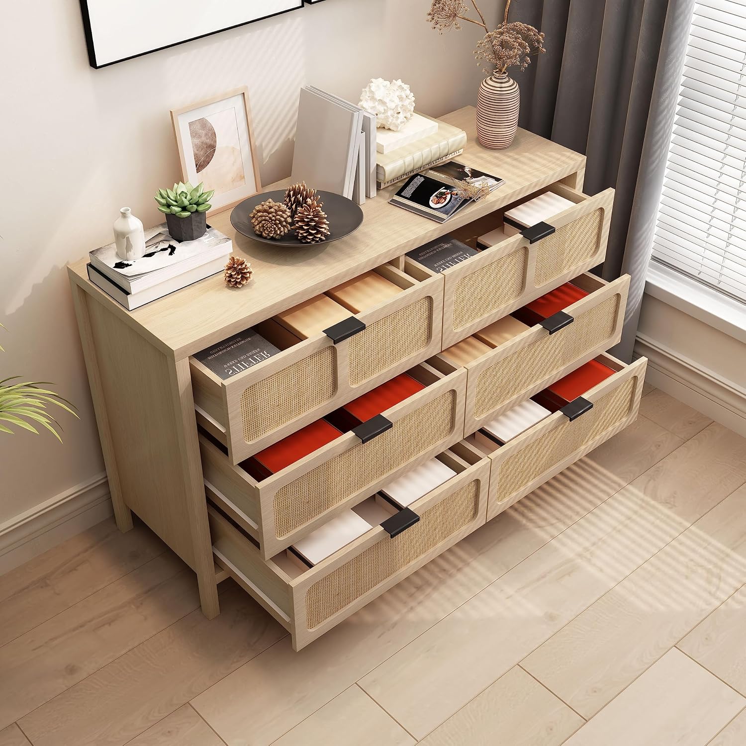 6 Drawer Dresser, Modern Rattan Dresser Chest with Wide Drawers and Metal Handles, Farmhouse Wood Storage Chest of Drawers for Bedroom, Living Room, Hallway, Entryway (Natural-6 Drawers)