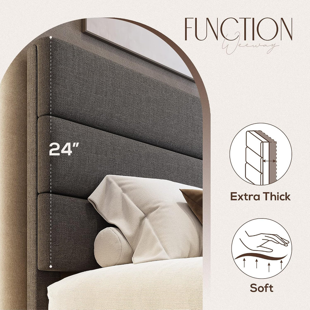 WEEWAY Queen Bed Frame Platform Bed with Linen Fabric Upholstered Headboard and Wooden Slats Support, Heavy Duty Mattress Foundation, No Box Spring Needed, Easy Assembly, Dark Grey