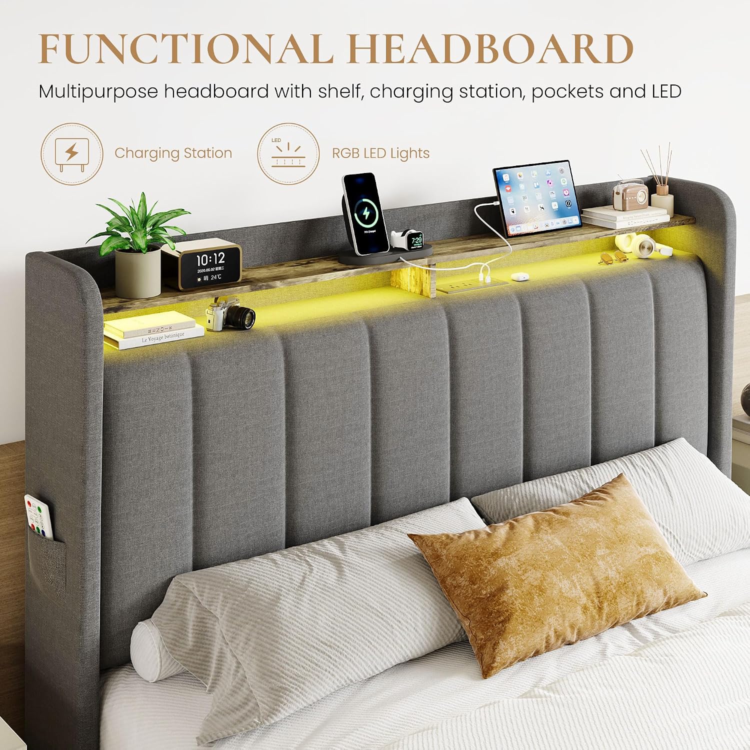 SHA CERLIN Full Size Platform Bed Frame with Vertical Channel Tufted Wingback Headboard & 2 Storage Drawers/2-Tier Shelves with LED Lights & Charging Station/Noise-Free/No Box Spring Needed/Dark Grey