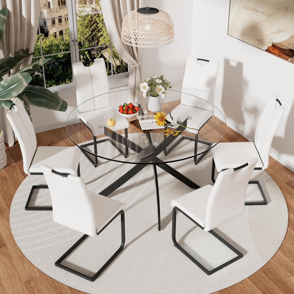 RGZ 7 Piece Luxury Round Dining Table Set, 47'' Modern Circle Kitchen Set for 6, 6 Person Clear Glass Circular Top Dinner Room Set, White PU Faux Leather Chairs, for Large Place Bedroom (Black)