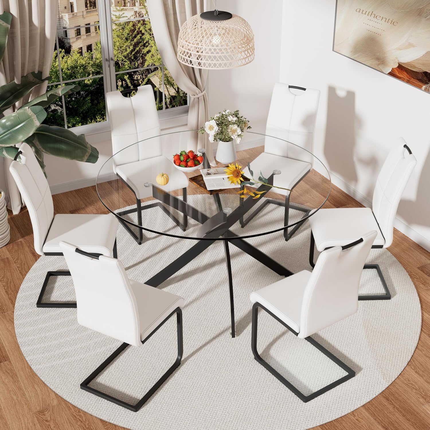 RGZ 7 Piece Luxury Round Dining Table Set, 47'' Modern Circle Kitchen Set for 6, 6 Person Clear Glass Circular Top Dinner Room Set, White PU Faux Leather Chairs, for Large Place Bedroom (Black)