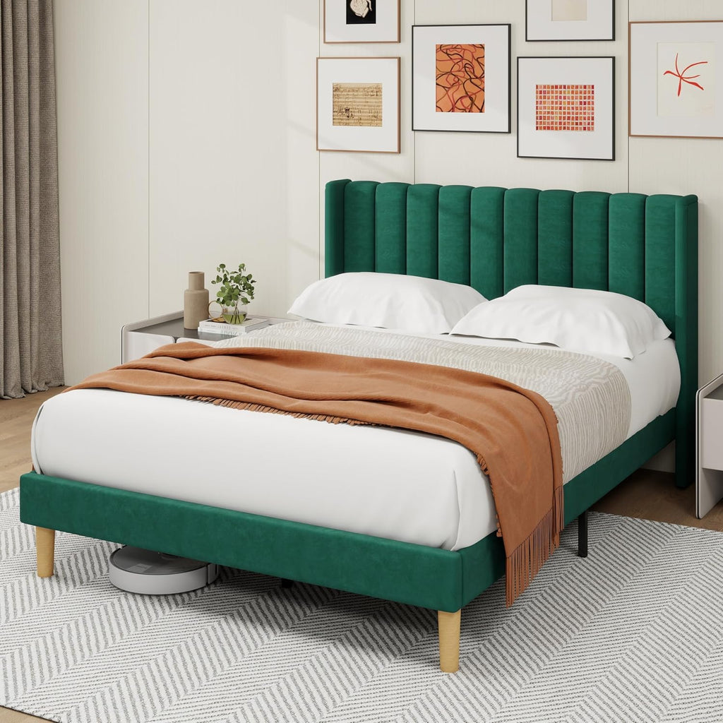 alazyhome Platform Bed Frame Queen Size with Upholstered Headboard, Solid Wood Slats Support, No Box Spring Needed, Noise Free, Easy Assembly, Modern Velvet Bed, Green