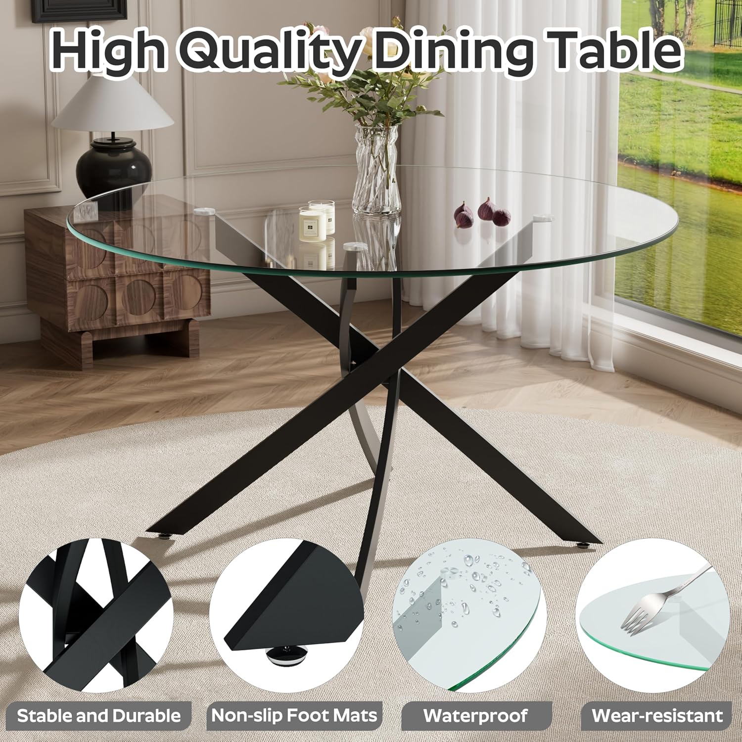 RGZ 7 Piece Luxury Round Dining Table Set, 47'' Modern Circle Kitchen Set for 6, 6 Person Clear Glass Circular Top Dinner Room Set, White PU Faux Leather Chairs, for Large Place Bedroom (Black)
