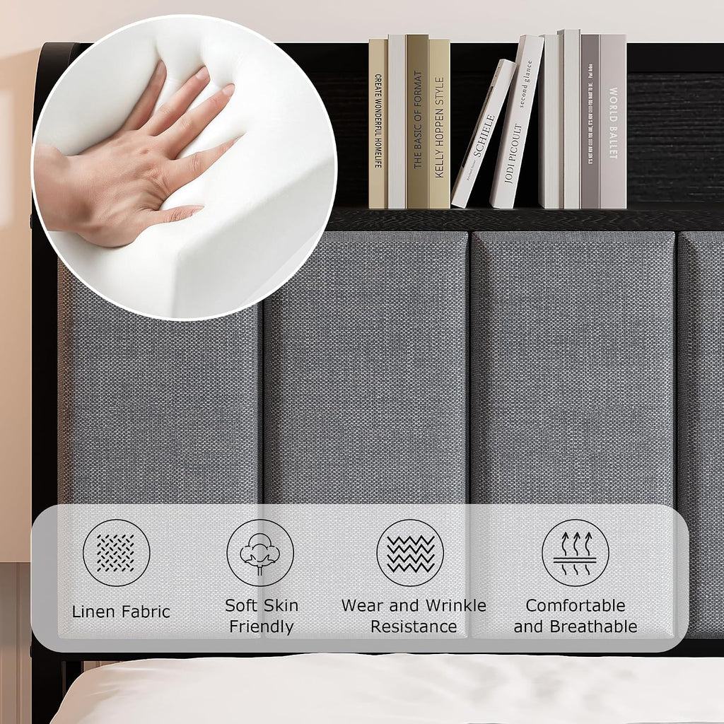 VECELO Full Bed Frame, Storage Upholstered Headboard with Charging Station, Platform Bedframe, Heavy Duty Metal Slats, No Box Spring Needed, Noise-Free, Easy Assembly, Dark Grey