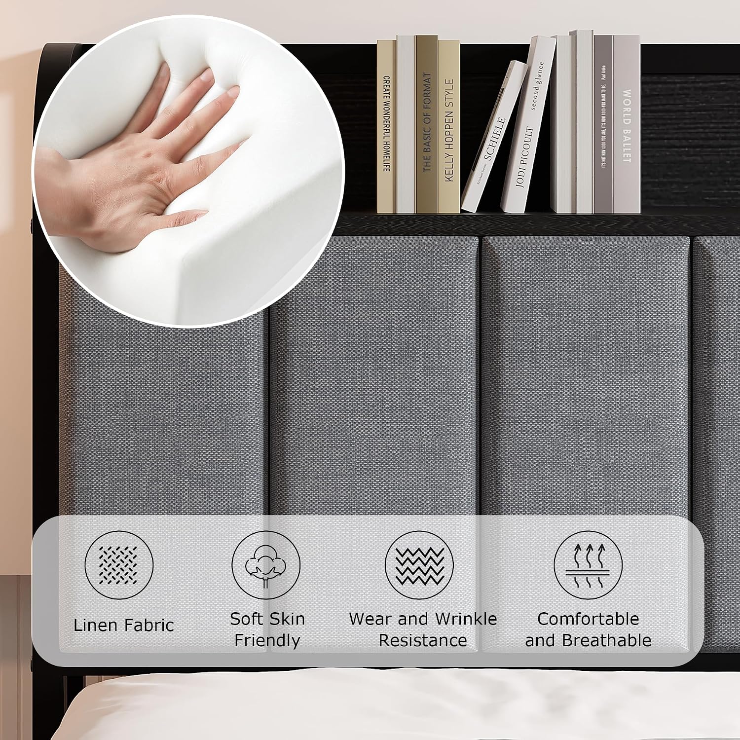VECELO Queen Bed Frame, Storage Upholstered Headboard with Charging Station, Platform Bedframe, Heavy Duty Metal Slats, No Box Spring Needed, Noise-Free, Easy Assembly, Classic Grey