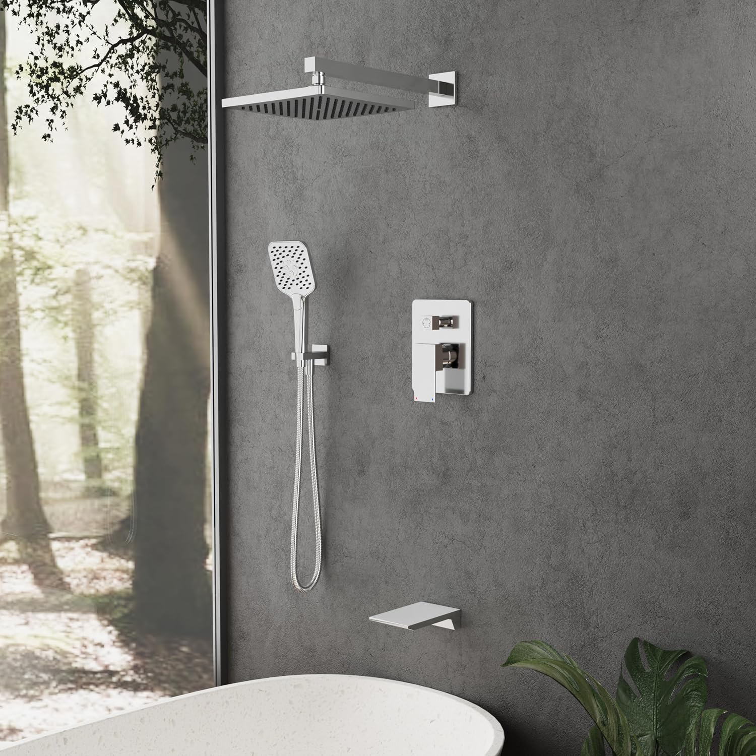 Gabrylly Shower System with Tub Spout, Wall Mounted Tub Shower Faucet Set for Bathroom with High Pressure 10' Rain Shower head and 3-Setting Handheld Shower Head Set,Chrome
