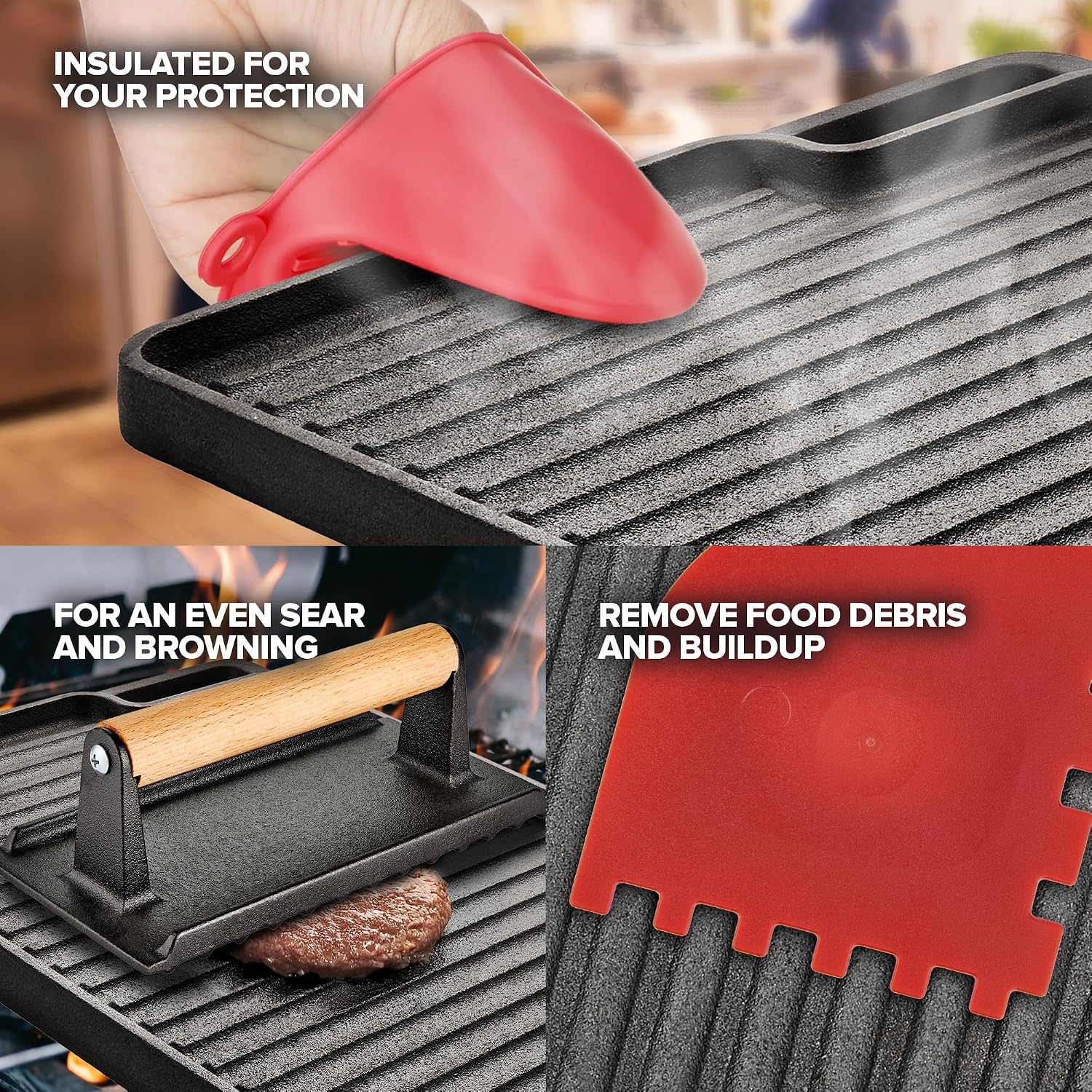 Cast Iron Griddle and Grill Reversible Combo Set with Protective Mitts, Grill Press and Scraper, Preseasoned Stovetop and Camping Griddle Pan (4 Pack)