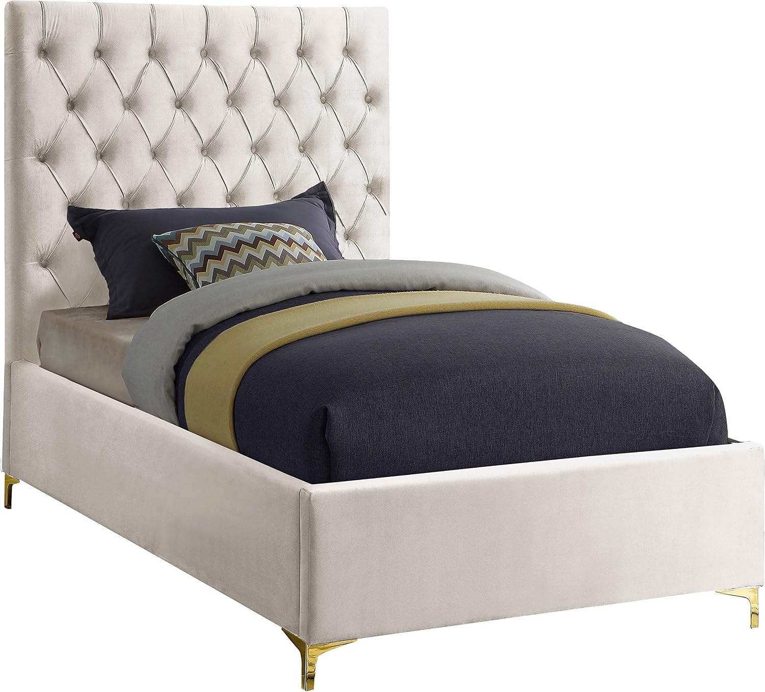Meridian Furniture Cruz Collection Modern | Contemporary Velvet Upholstered Bed with Deep Button Tufting and Complete Sets of Gold and Chrome Legs Included, Twin, Cream