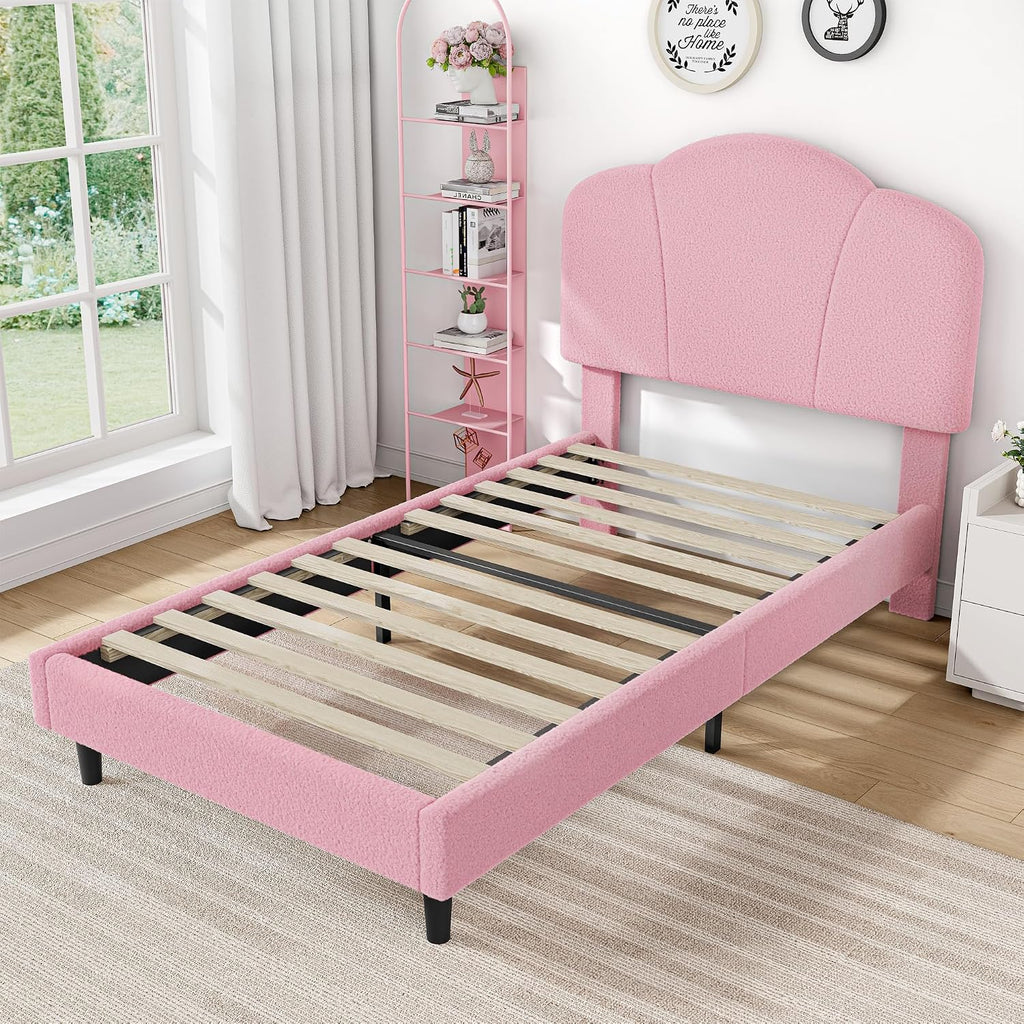 LIKIMIO Twin Size Bed Frame Sef of 2, Upholstered Twin Platform Bed with Headboard Lamb Velvet Twin Beds, No Box Spring Needed with 800LBS Sturdy Wooden Slats Support, Noise Free, Easy Assembly, Pink