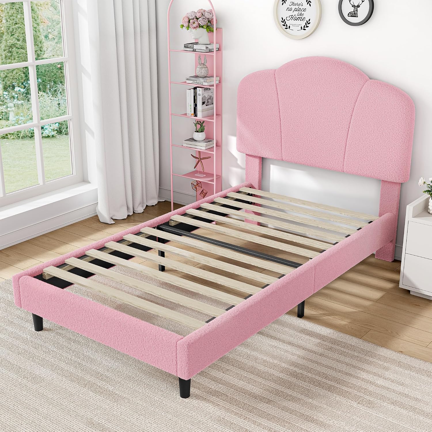 LIKIMIO Twin Size Bed Frame Sef of 2, Upholstered Twin Platform Bed with Headboard Lamb Velvet Twin Beds, No Box Spring Needed with 800LBS Sturdy Wooden Slats Support, Noise Free, Easy Assembly, Pink