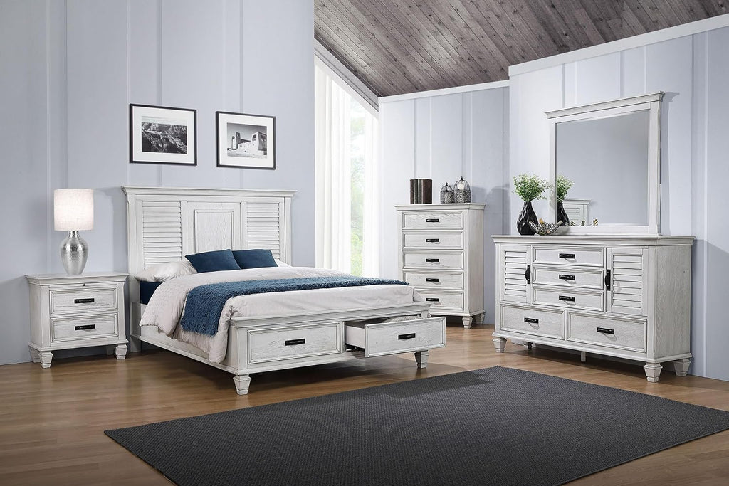 Coaster Home Furnishings Franco Farmhouse 5-Piece Bedroom Set Queen Size Storage Panel Bed Frame 57-inch Headboard Distressed White 205330Q-S5