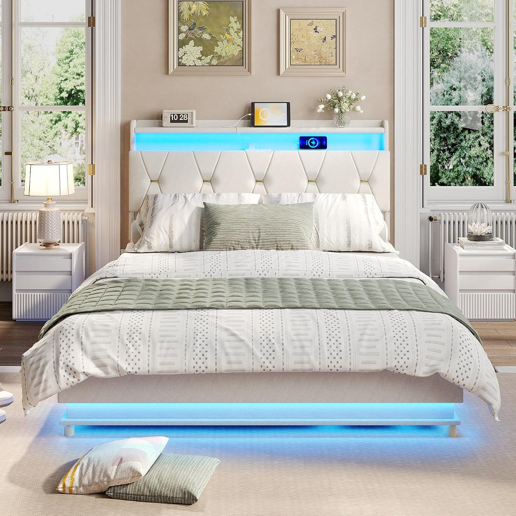Fameill Full Size Lift Up Storage Bed Frame, Storage Headboard with Charging Station, LED Lights Upholstered Platform Bed, No Box Spring Needed, Noise-Free, Beige White