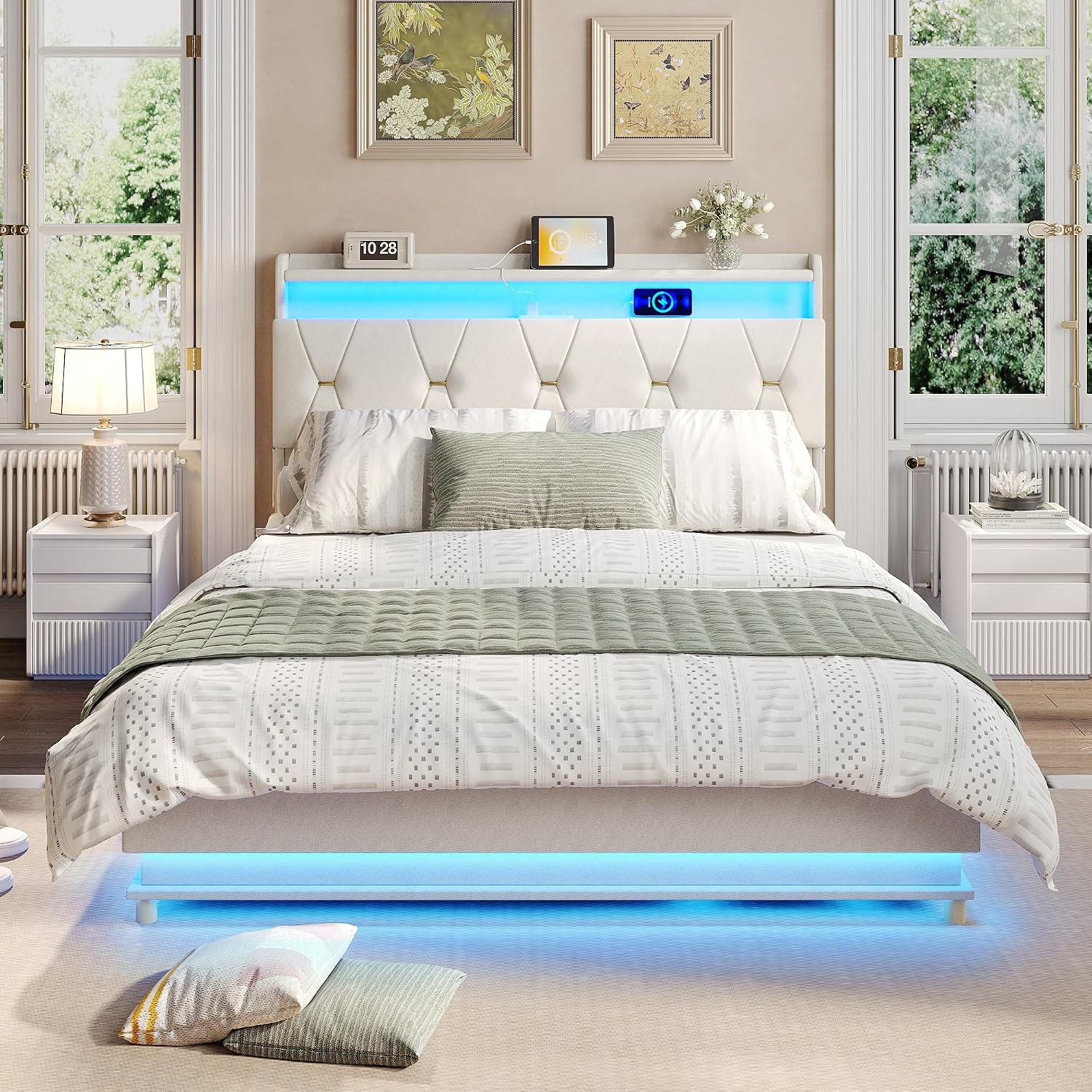 Fameill Queen Size Lift Up Storage Bed Frame, Storage Headboard with Charging Station, LED Lights Upholstered Platform Bed, No Box Spring Needed, Noise-Free, Beige White