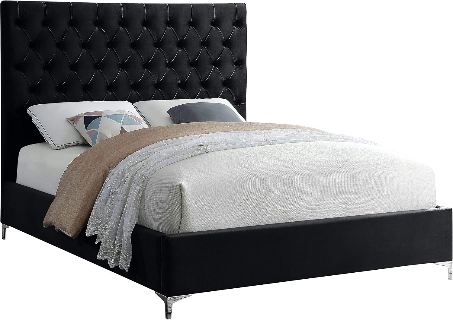 Meridian Furniture Cruz Collection Modern | Contemporary Velvet Upholstered Bed with Deep Button Tufting and Complete Sets of Gold and Chrome Legs Included, Full, Black