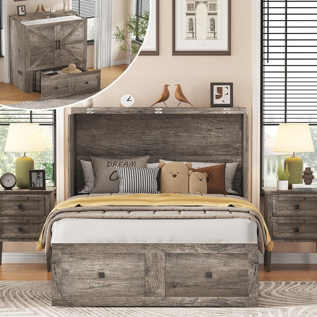 AMERLIFE Twin Murphy Bed Cabinet with Charging Station and Storage Drawer, Farmhouse Foldable Platform Bed for Home Office, Apartment, Small Spaces, Rustic Grey