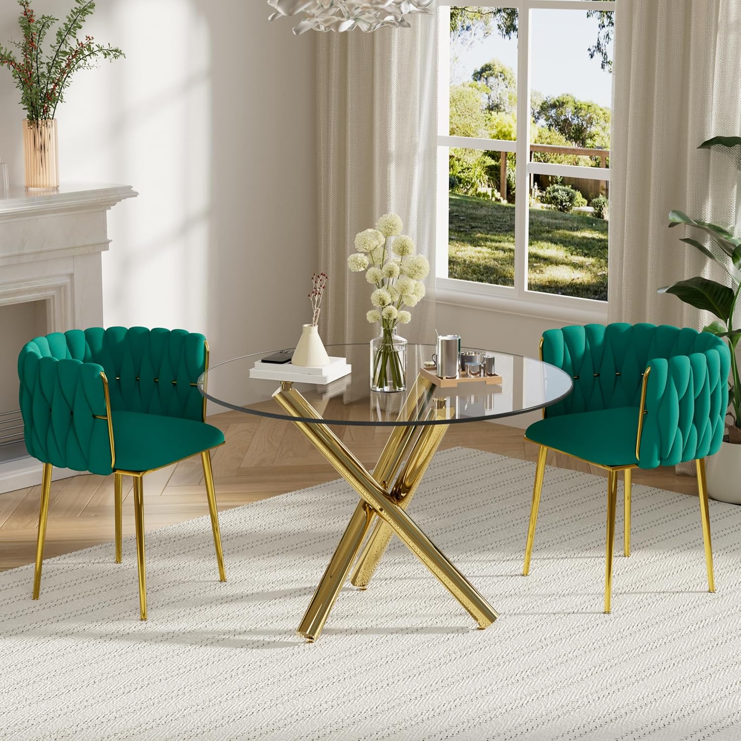 Gold Luxury Round Dining Table Set for 2, 3 Pcs Modern Minimalist Circle Dinner Room Set, 36'' Clear Circular Glass Top Kitchen Table with Green Woven Chairs Set, for Home Small Apartment