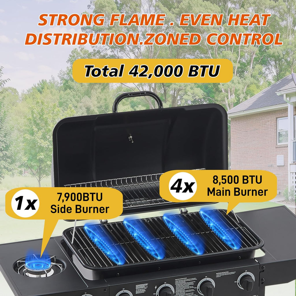 4-Burner Propane Gas Grills for Outdoor Cooking, 42000 BTU BBQ Portable Flat Top Grill Output Stainless Steel Barbecue Grill with Cabinet & Rolling Wheels and Side Tables (4 IN 1)