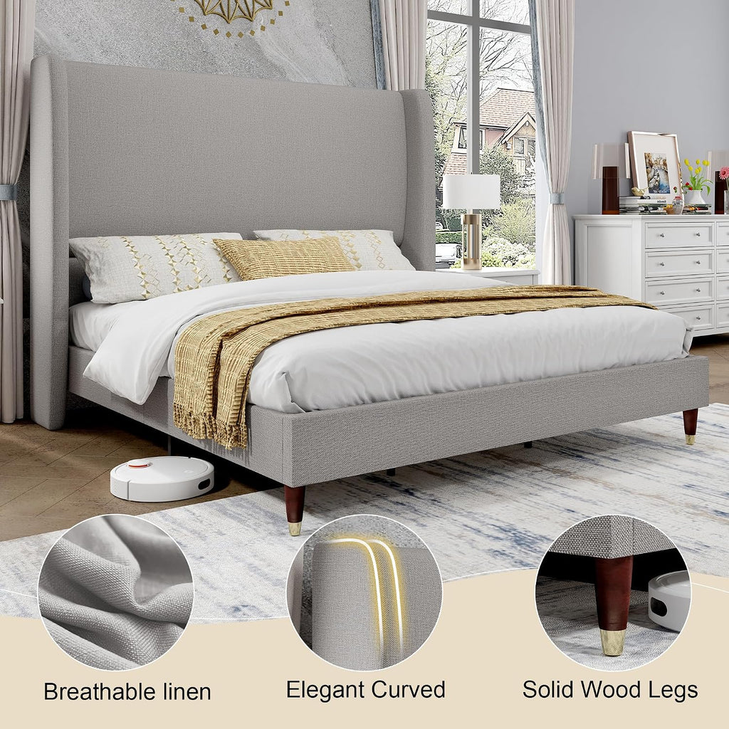 PaPaJet Full Size Bed Frame with 51.2' Wingback Headboard,Line Upholstered Platform Bed,Solid Wood Legs,No Box Spring Needed,Noise-Free&Easy Assembly,for Teen Girls, Dorm, Small Bedroom,Light Grey