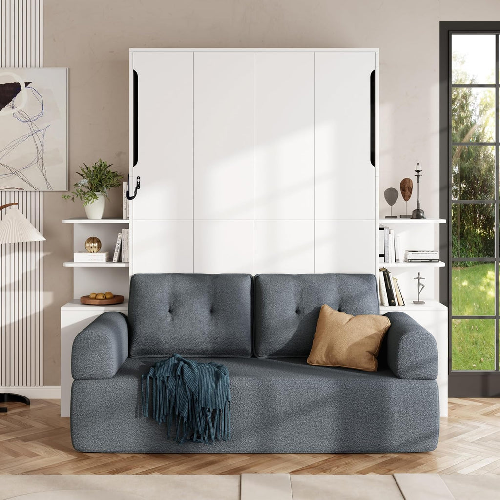 Full Wood Murphy Bed with Sofa,Shelves and Cabinets,Modern Foldable Wall Bed with Headboard,Couch and Armrest,for Home Office or Small Room,Space Saving,No Box Spring Needed,Gray