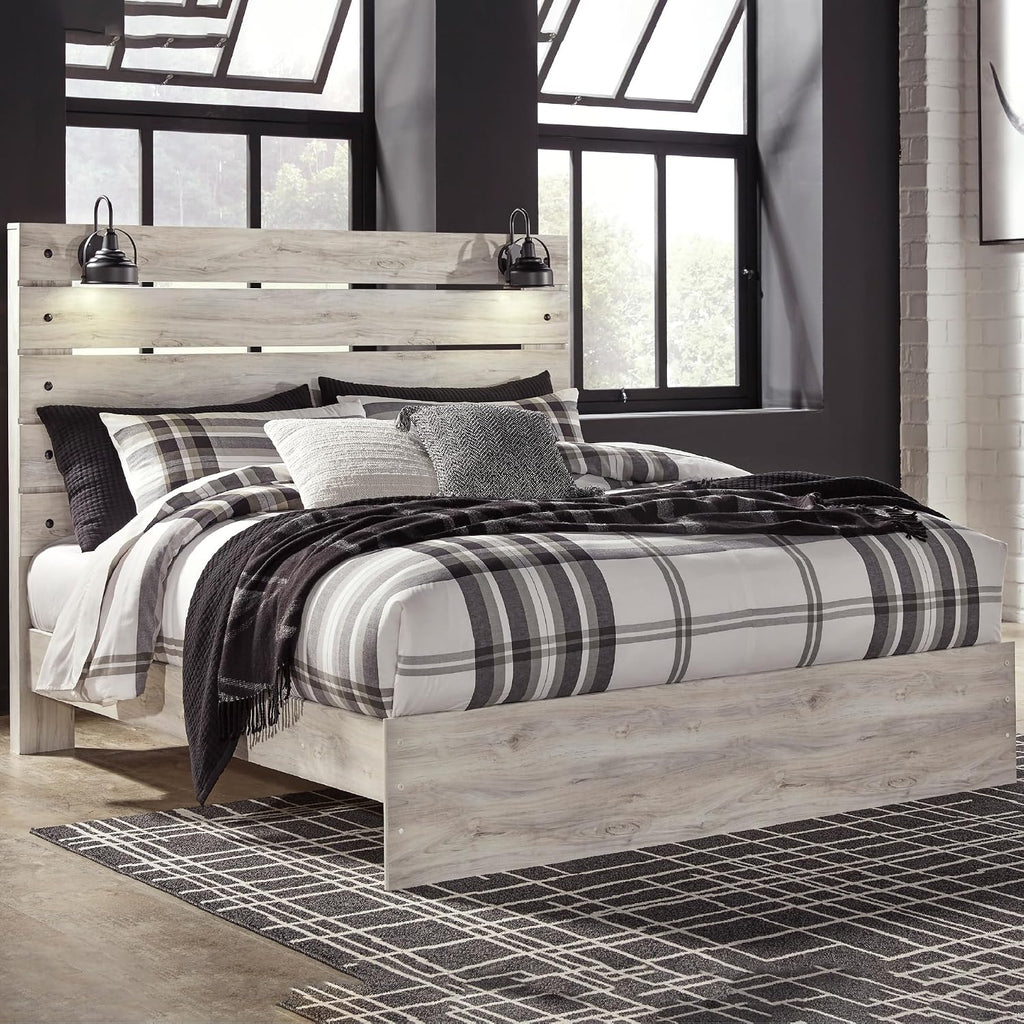 Signature Design by Ashley Cambeck Farmhouse King Panel Bed with Sconce Lights and USB Ports, Foundation or Box Spring Needed, Whitewash