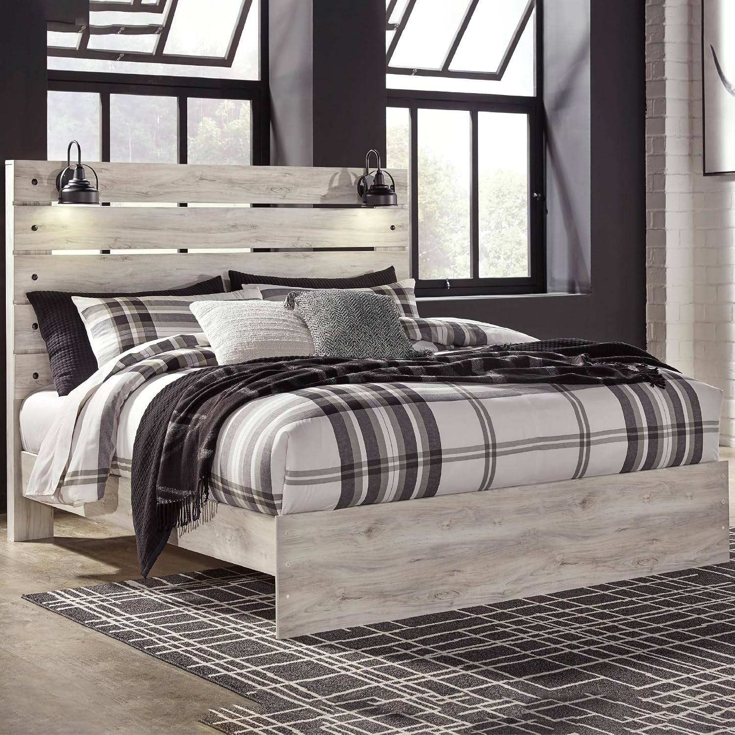 Signature Design by Ashley Cambeck Farmhouse King Panel Bed with Sconce Lights and USB Ports, Foundation or Box Spring Needed, Whitewash