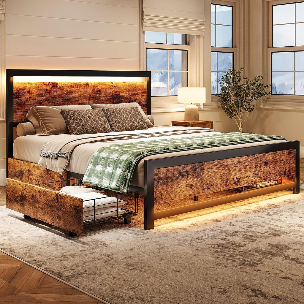 Ailisite King Size Bed Frame with 4 Storage Drawers, Rustic Farmhouse Wood Bed Frame with Headboard and Charging Station, Metal King Platform Bed with Led Lights, No Box Spring Needed, Noise Free