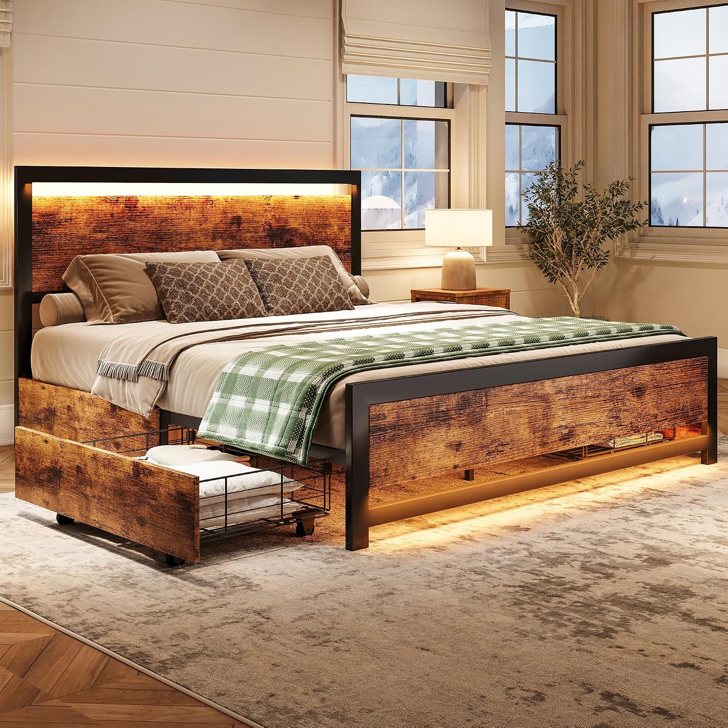 Ailisite King Size Bed Frame with 4 Storage Drawers, Rustic Farmhouse Wood Bed Frame with Headboard and Charging Station, Metal King Platform Bed with Led Lights, No Box Spring Needed, Noise Free