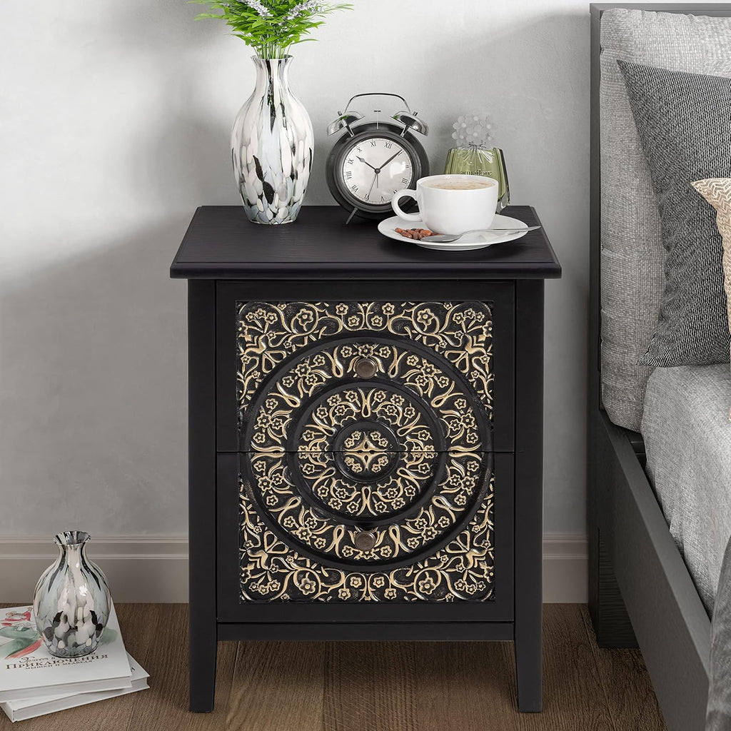 COZAYH Set of 2 2-Drawer Fully-Assembled Flower Motif Nightstand for Small Spaces, French Country, Modern, Distressed Finish,Gold & Black