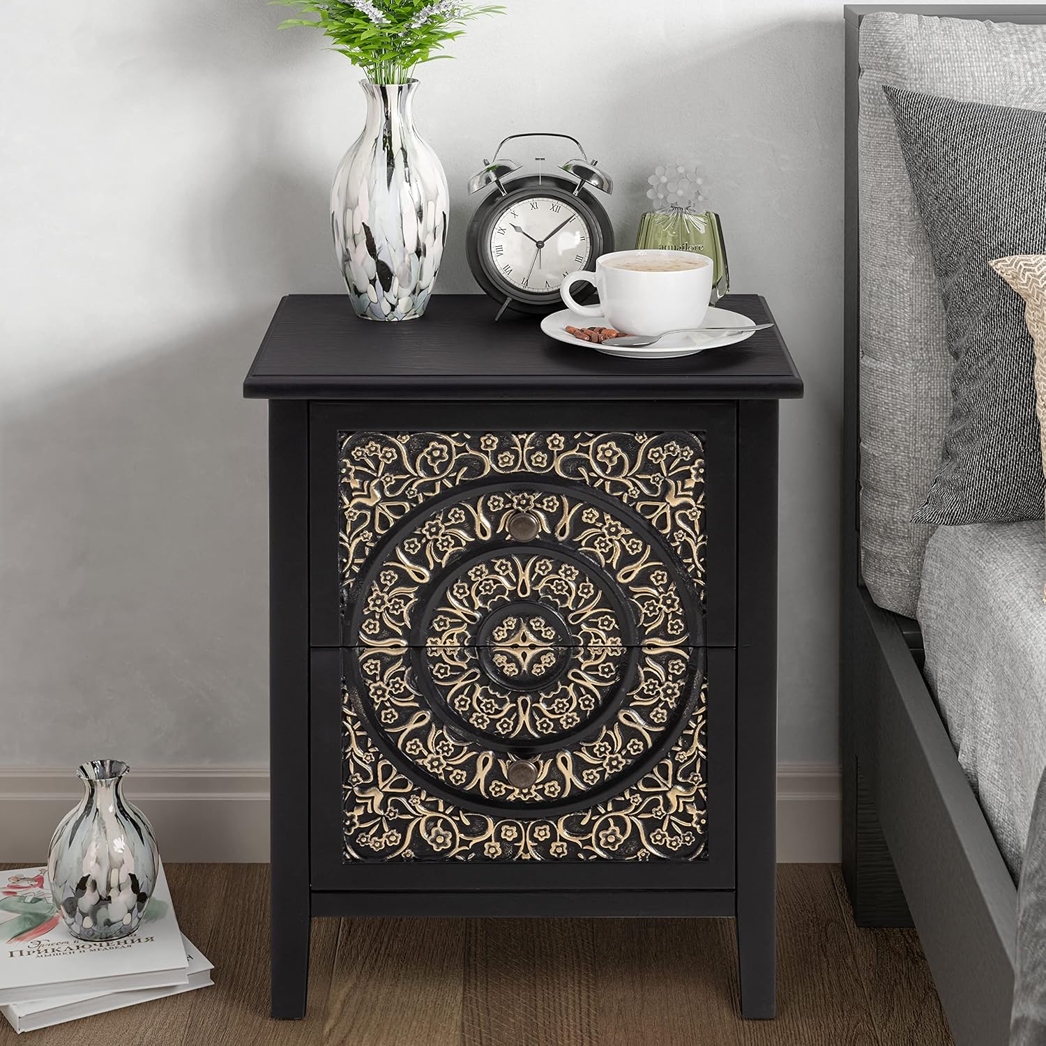 COZAYH Set of 2 2-Drawer Fully-Assembled Flower Motif Nightstand for Small Spaces, French Country, Modern, Distressed Finish,Gold & Black