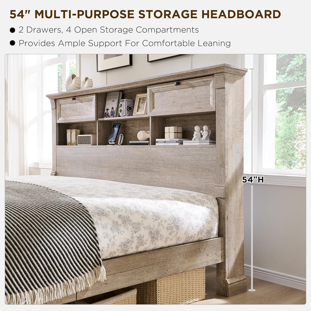T4TREAM Farmhouse Queen Size Bed Frame with 54' Tall Storage Bookcase Headboard, Wood Platform Bed Frame with 18' Roman Column Decoration Footboard & 2 Drawers, No Box Spring Needed(Light Rustic Oak)