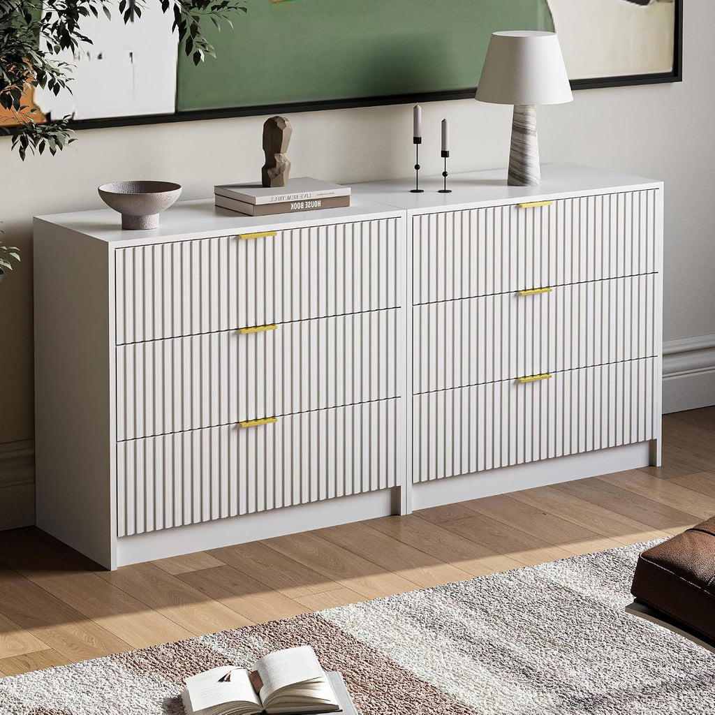 MAISONARIA 3-Piece Dresser Bedroom Set, 6 Drawer Dresser & 3 Drawer Nightstands with Gold Handles, Fluted Wood Chest of Drawers for Bedroom, Living Room, Entryway, White