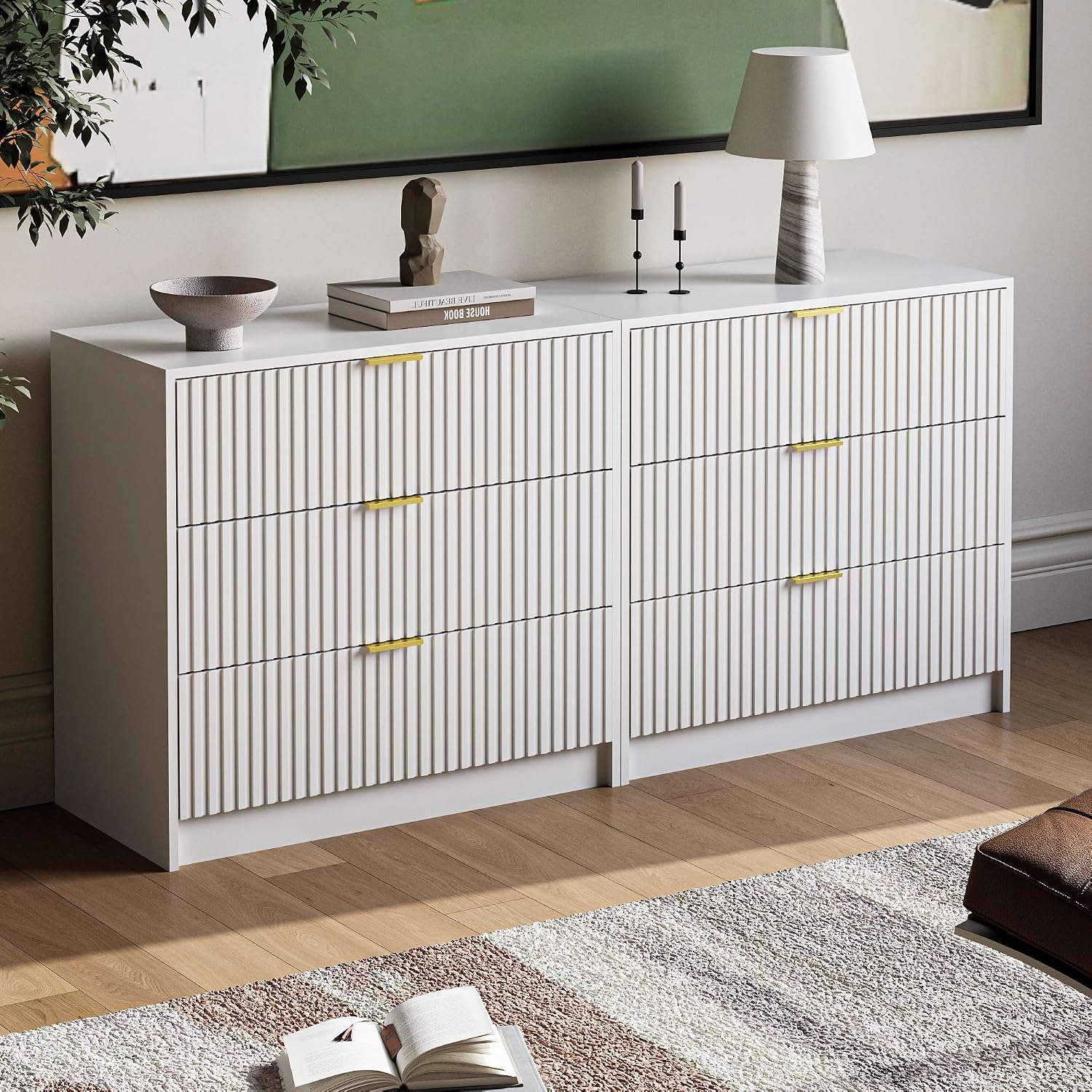 MAISONARIA 3-Piece Dresser Bedroom Set, 8 Drawer Dresser & 3 Drawer Nightstands with Gold Handles, Fluted Wood Chest of Drawers for Bedroom, Living Room, Entryway, White
