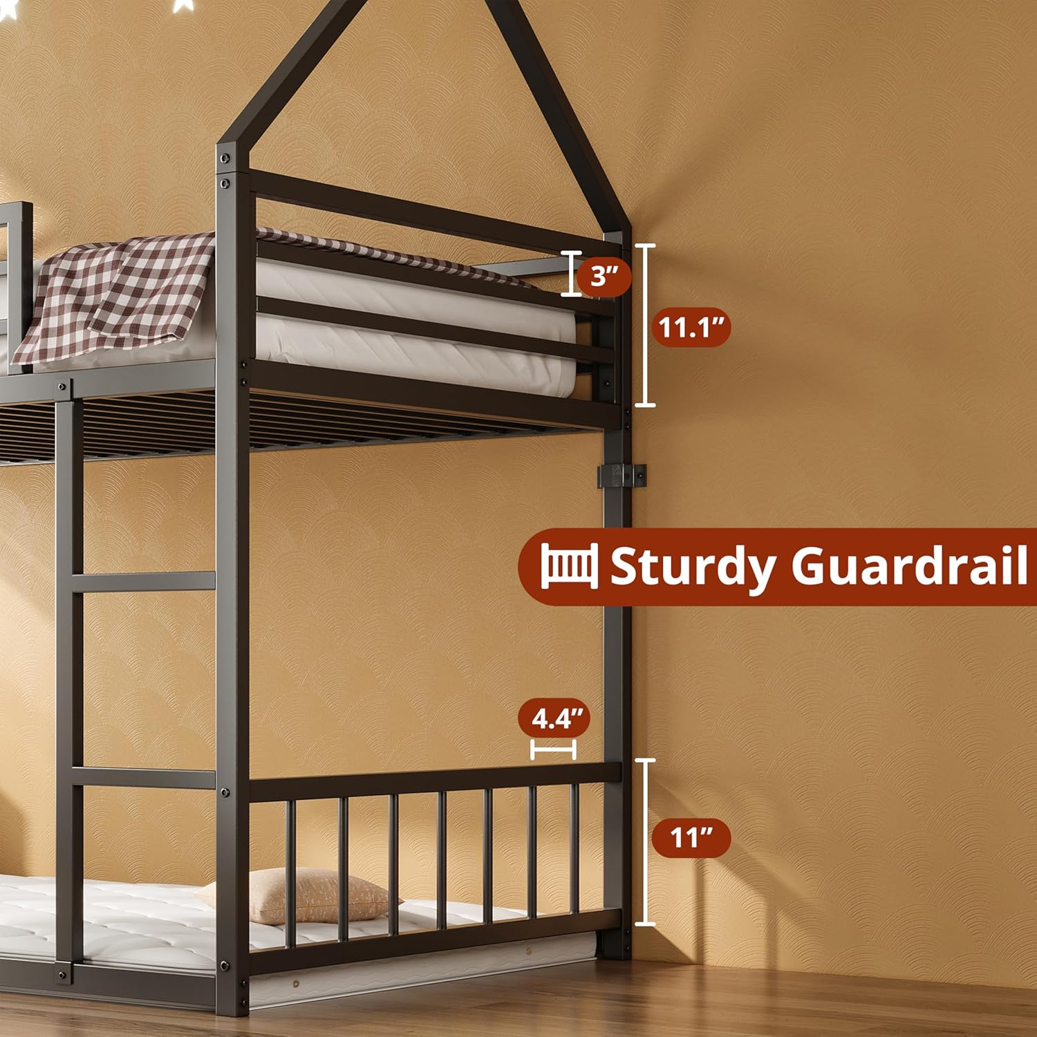 LIKIMIO Bunk Bed Twin Over Twin, House Bunk Bed Frame with Ladder and Guardrail, House Shaped with Metal Slats for Dormitory and Bedroom, Space Saving, No Box Spring Needed, Black