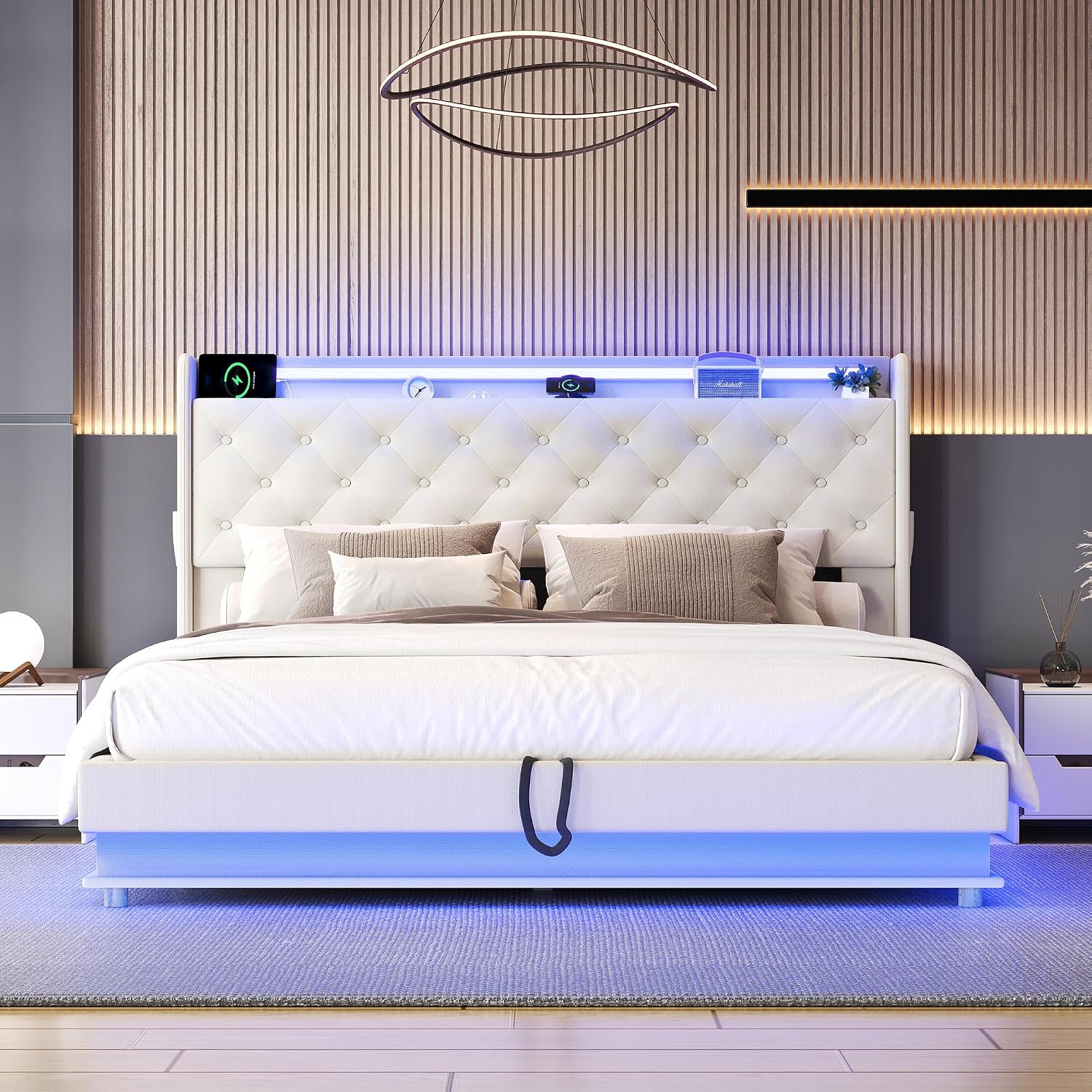 Ailisite Queen Size Lift Up Storage Bed, Upholstered Platform Bed with Button Tufted Wingback Storage Headboard, Bed Frame Queen Size with Led Lights and Charging Station, No Box Spring Needed, Beige