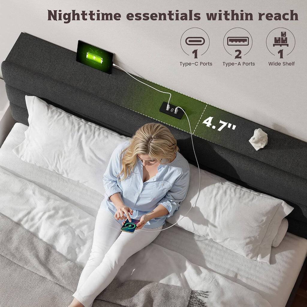 EnHomee Queen Bed Frame with Adjustable Height Upholstered Headboard, 3 USB Charging Ports, Noise-Free Platform Bed, No Box Spring Needed, Grey