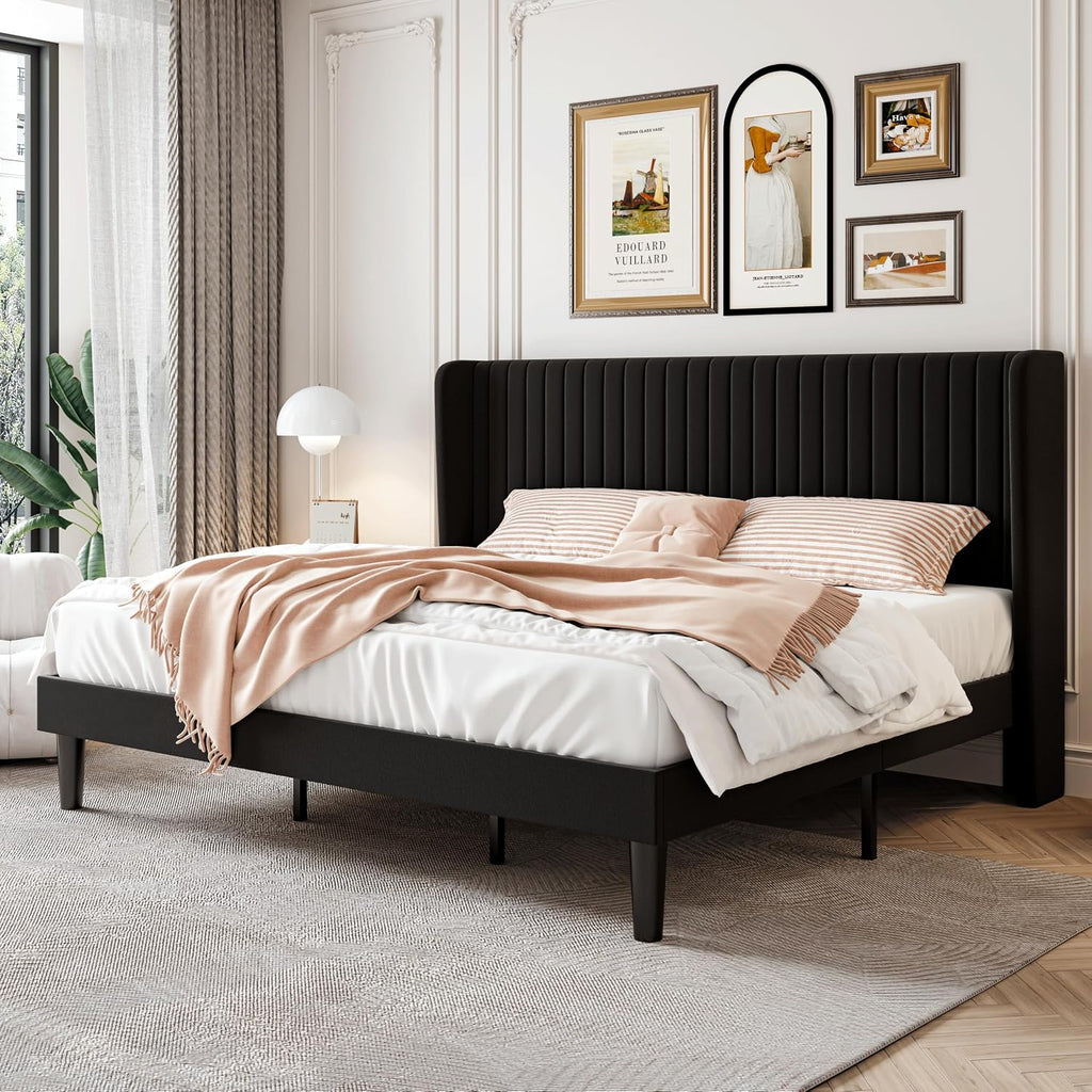 SHA CERLIN King Size Velvet Bed Frame with Vertical Channel Tufted Wingback Headboard, Upholstered Platform Bed with Wood Slats, No Box Spring Needed, Easy Assembly, Black
